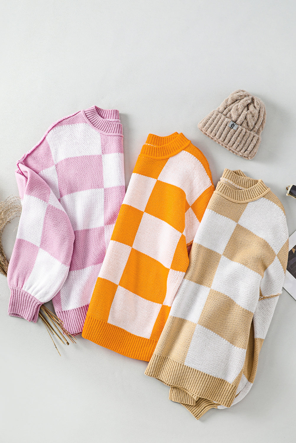 Cozy Khaki Checkered Bishop Sleeve Sweater
