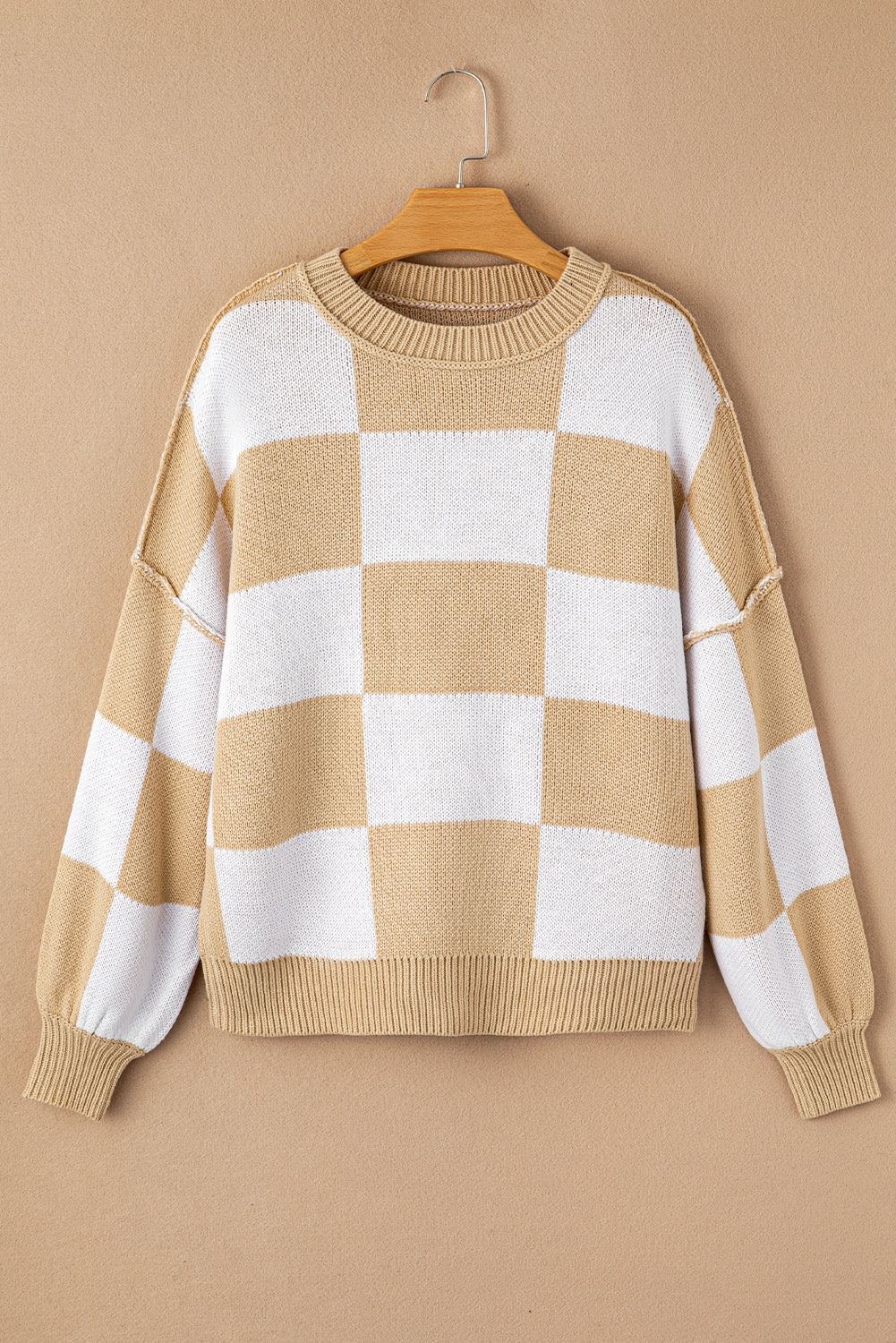 Cozy Khaki Checkered Bishop Sleeve Sweater