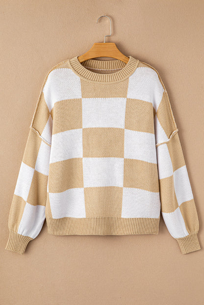 Cozy Khaki Checkered Bishop Sleeve Sweater