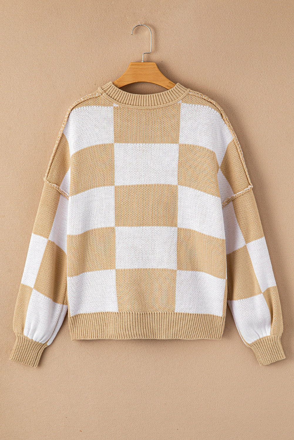 Cozy Khaki Checkered Bishop Sleeve Sweater