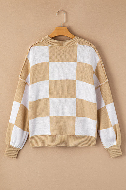 Cozy Khaki Checkered Bishop Sleeve Sweater