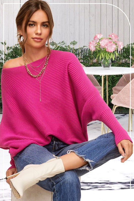 Slouchy Ribbed Knit Sweater with Bubble Sleeves