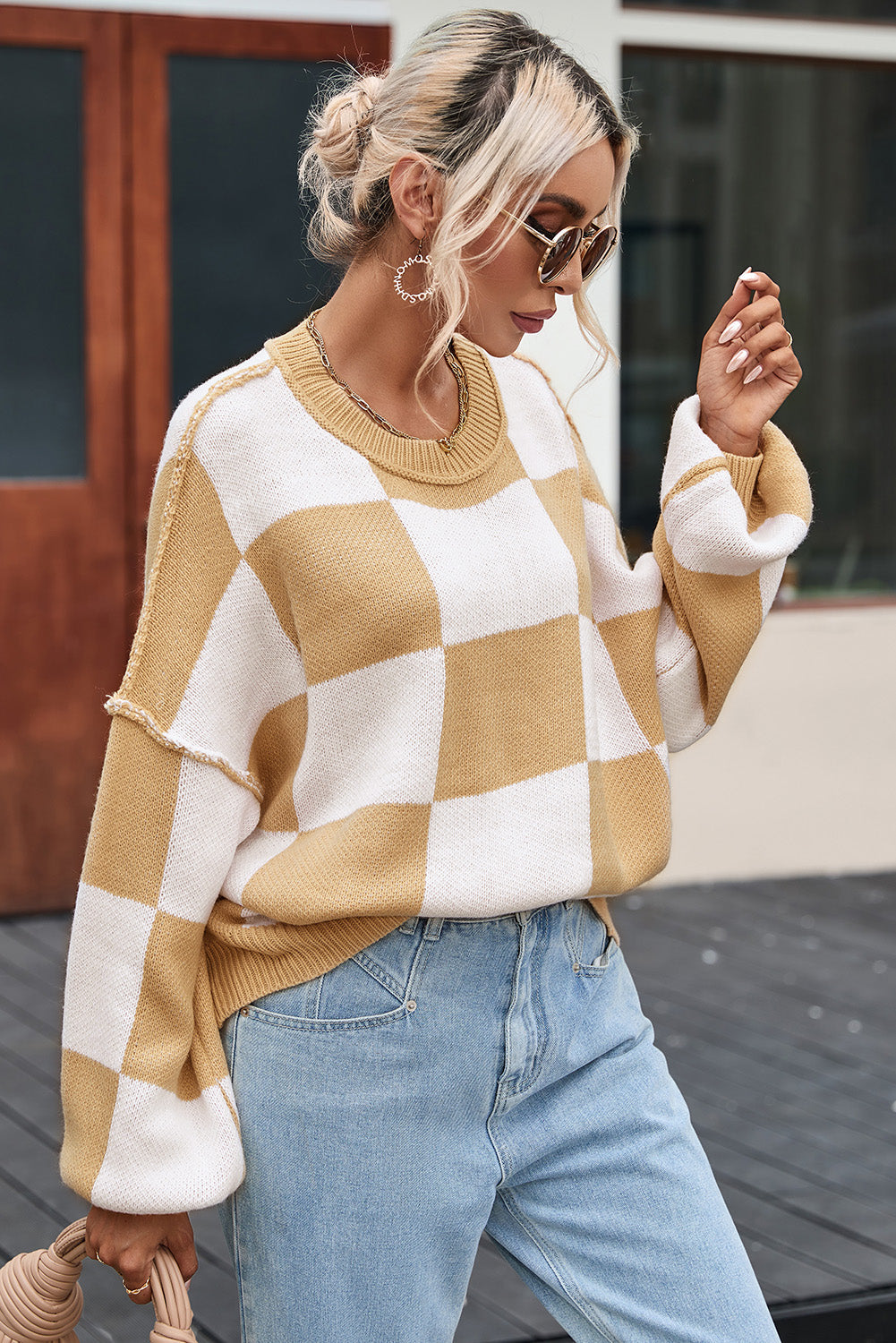Cozy Khaki Checkered Bishop Sleeve Sweater