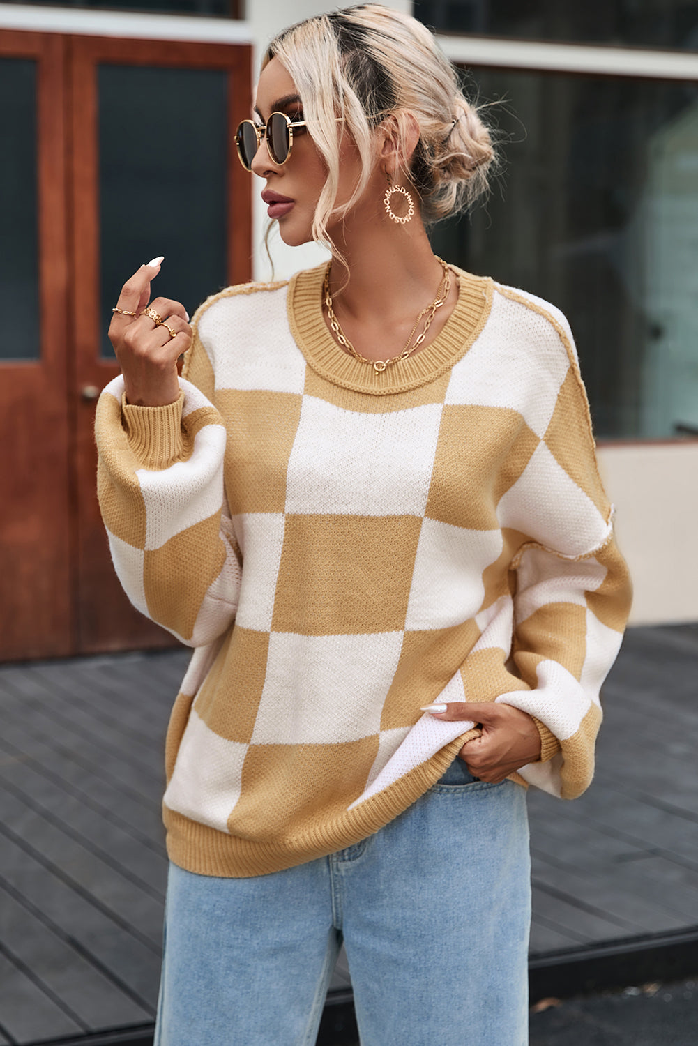 Cozy Khaki Checkered Bishop Sleeve Sweater