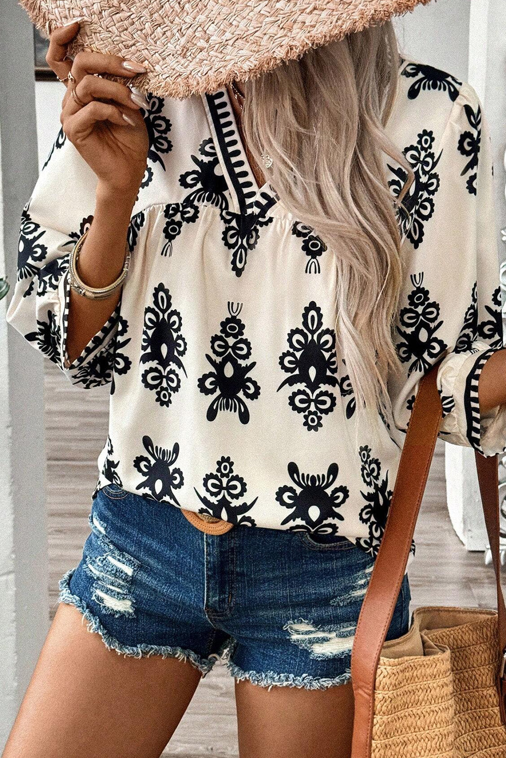 Vintage Charm Beige V-Neck Blouse