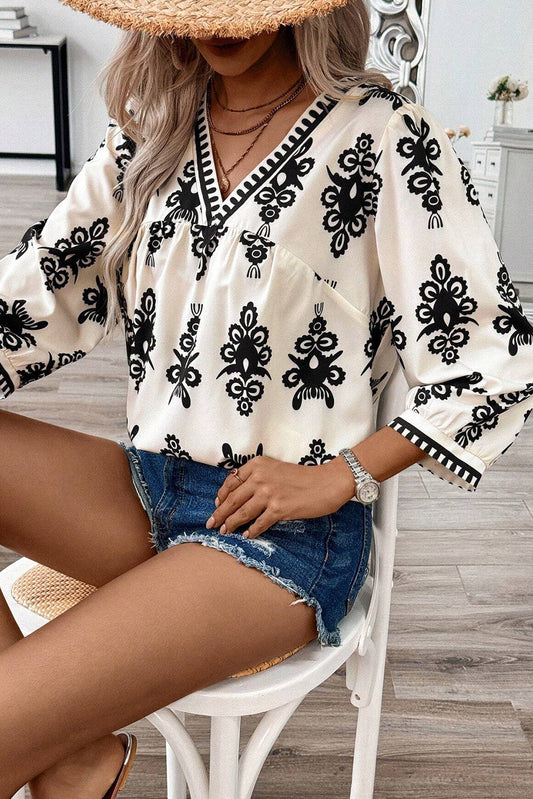 Vintage Charm Beige V-Neck Blouse
