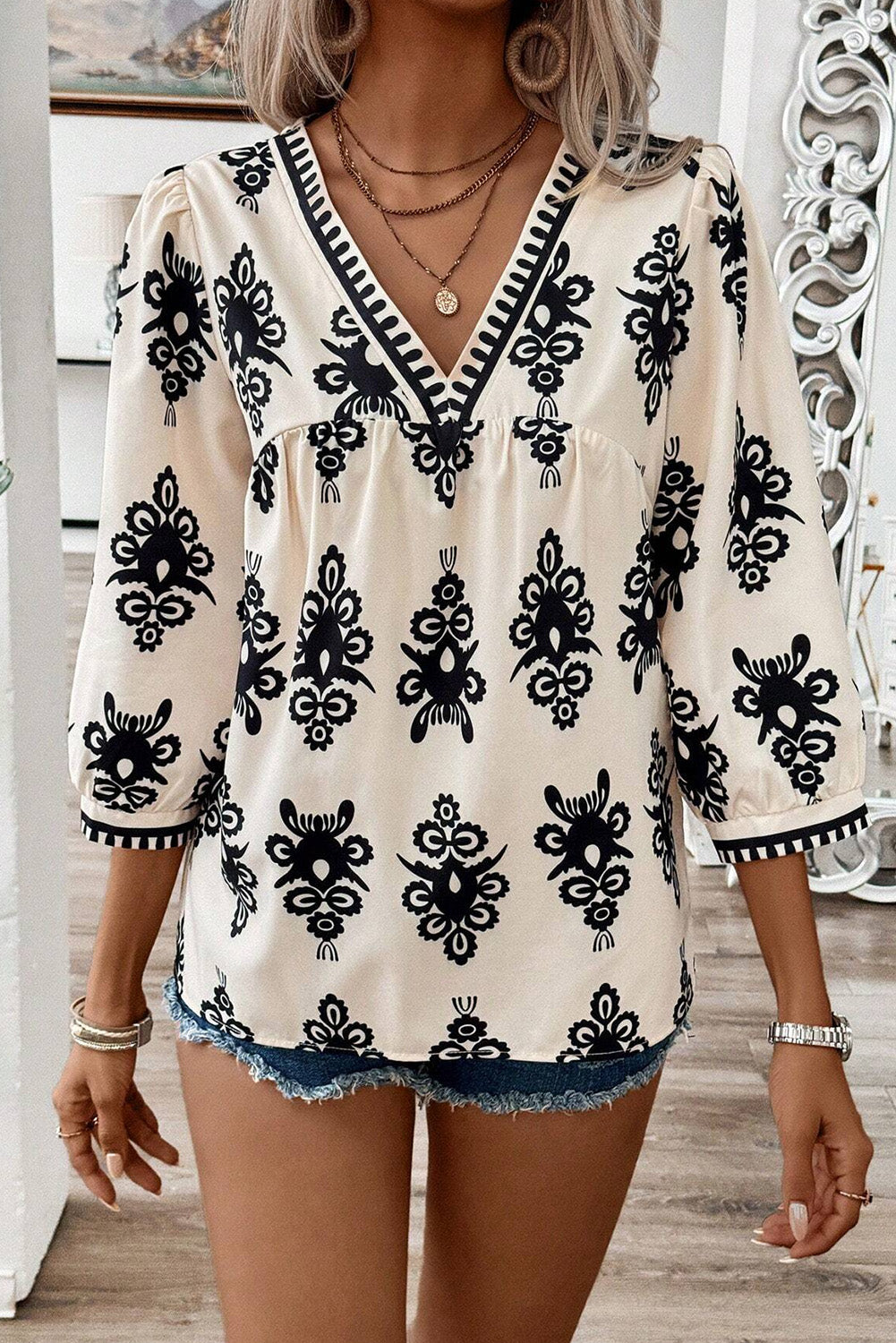 Vintage Charm Beige V-Neck Blouse