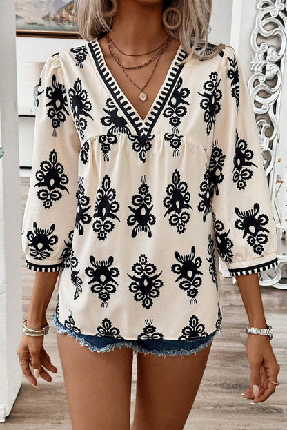 Vintage Charm Beige V-Neck Blouse