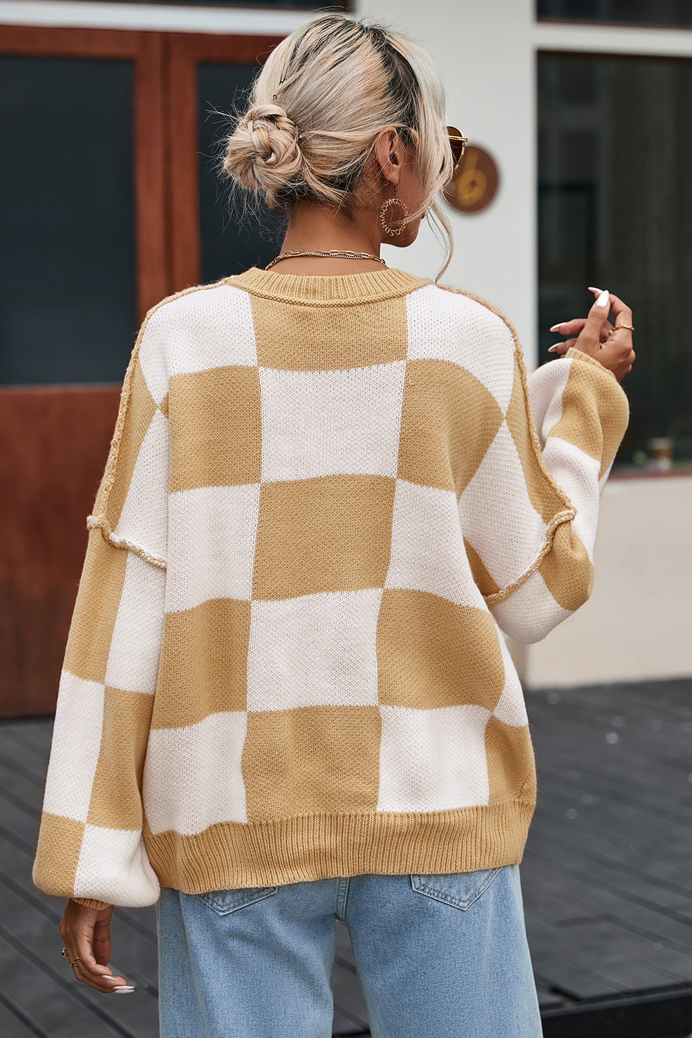 Cozy Khaki Checkered Bishop Sleeve Sweater