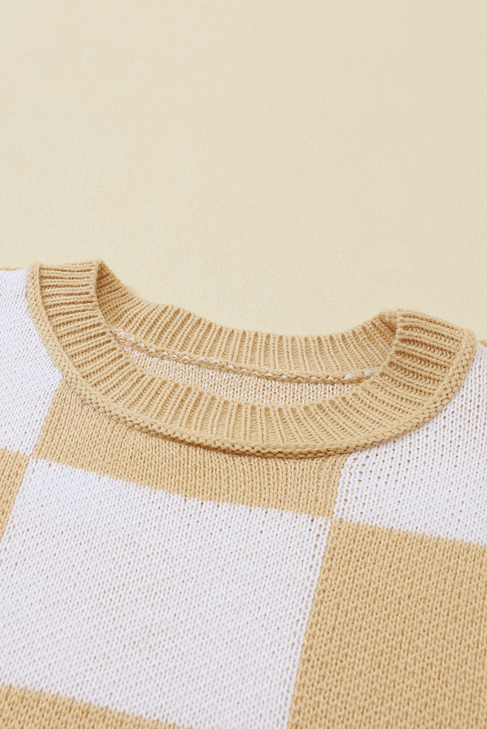 Cozy Khaki Checkered Bishop Sleeve Sweater