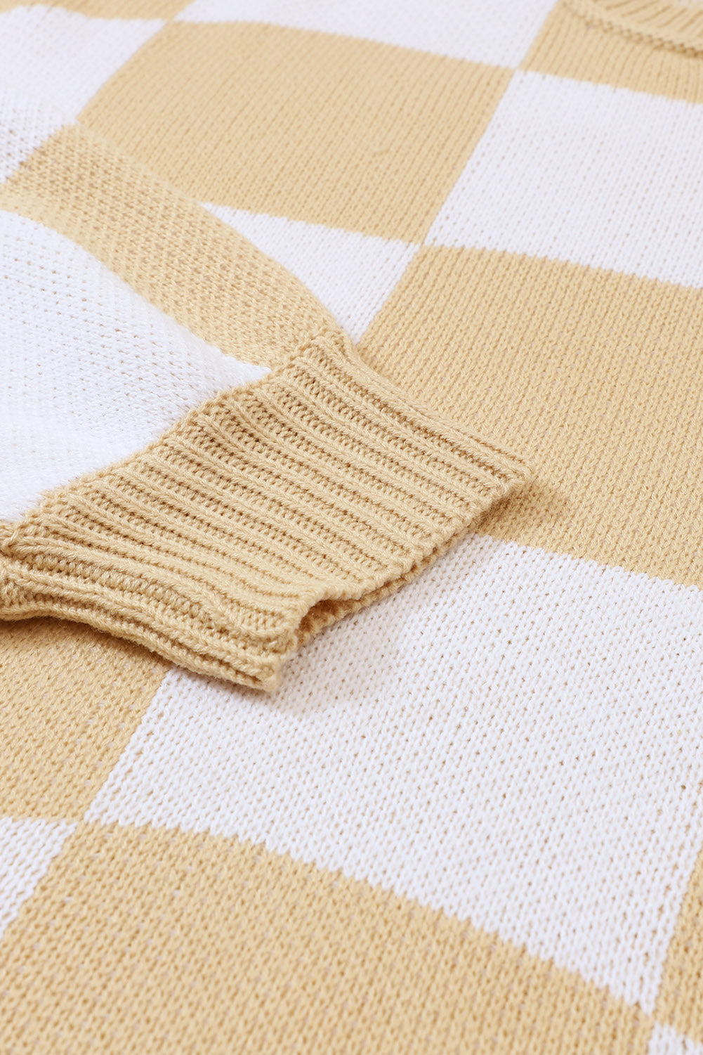 Cozy Khaki Checkered Bishop Sleeve Sweater