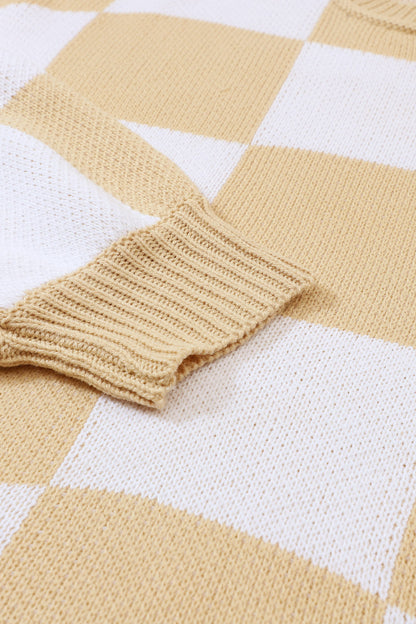 Cozy Khaki Checkered Bishop Sleeve Sweater