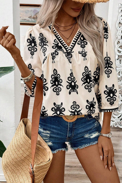 Vintage Charm Beige V-Neck Blouse