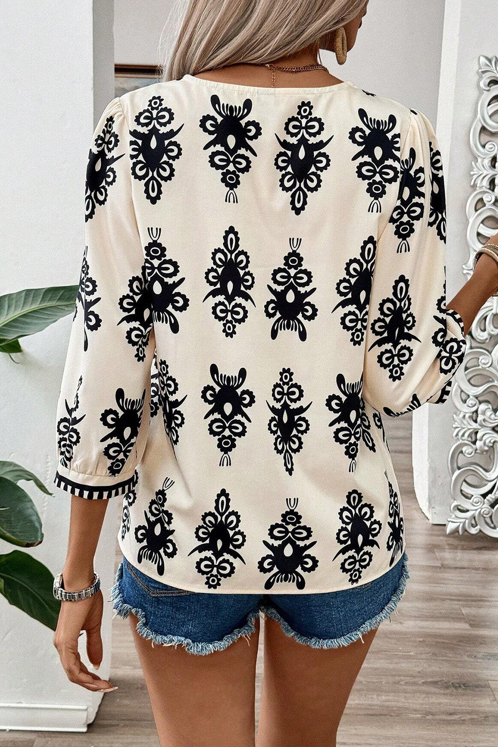 Vintage Charm Beige V-Neck Blouse