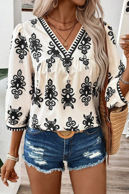 Vintage Charm Beige V-Neck Blouse