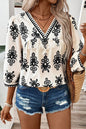 Vintage Charm Beige V-Neck Blouse