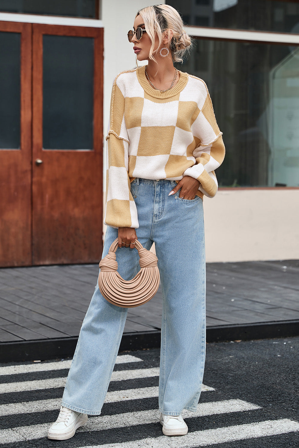 Cozy Khaki Checkered Bishop Sleeve Sweater