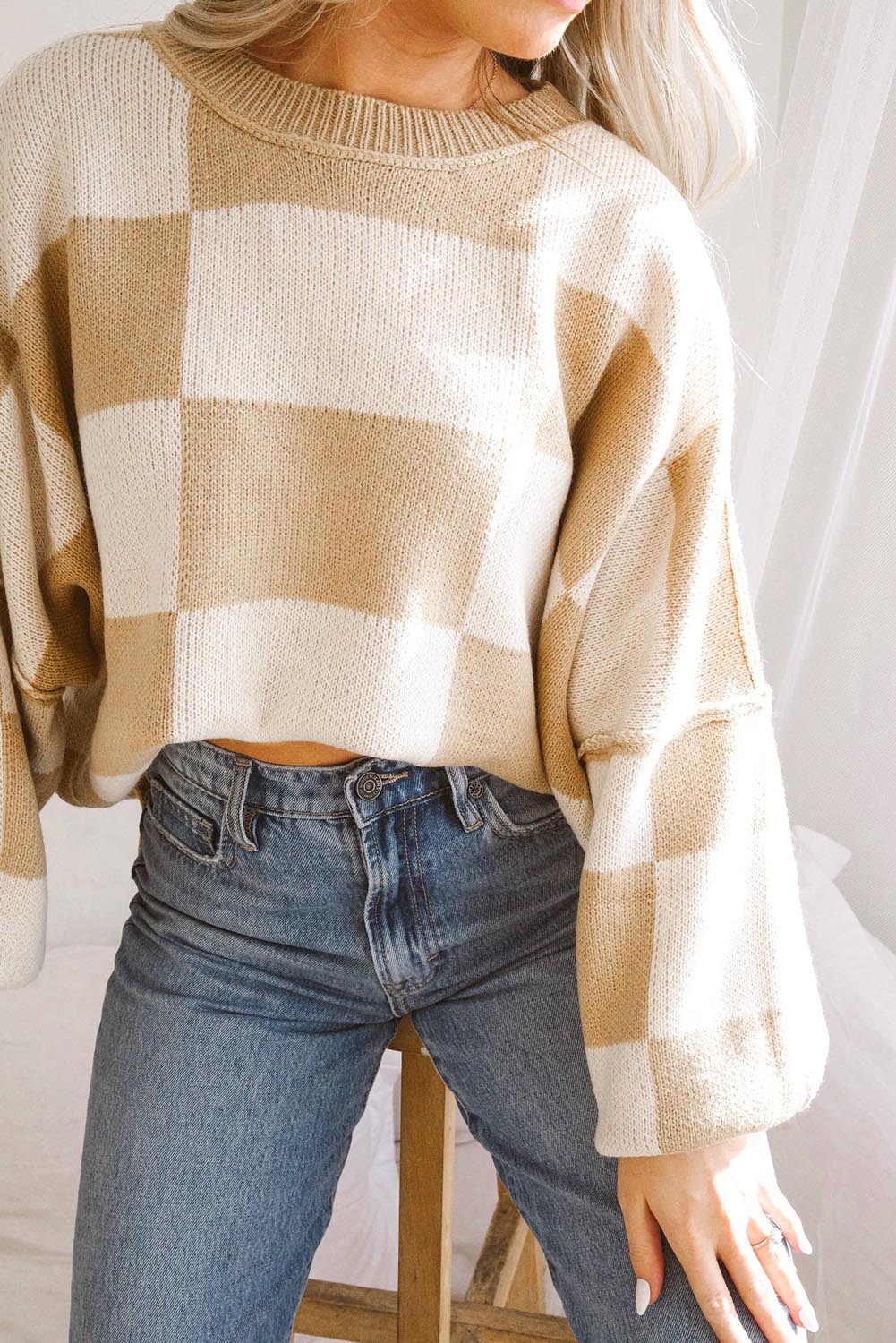 Cozy Khaki Checkered Bishop Sleeve Sweater