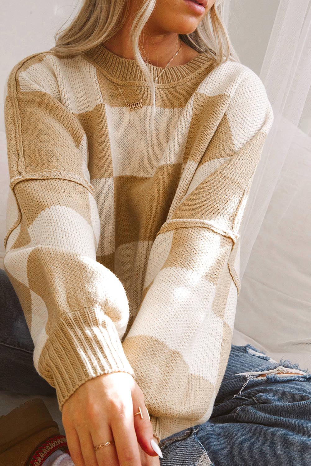 Cozy Khaki Checkered Bishop Sleeve Sweater