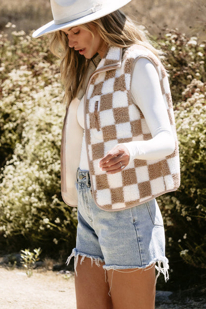 Cozy Chic Khaki Checkered Sherpa Vest