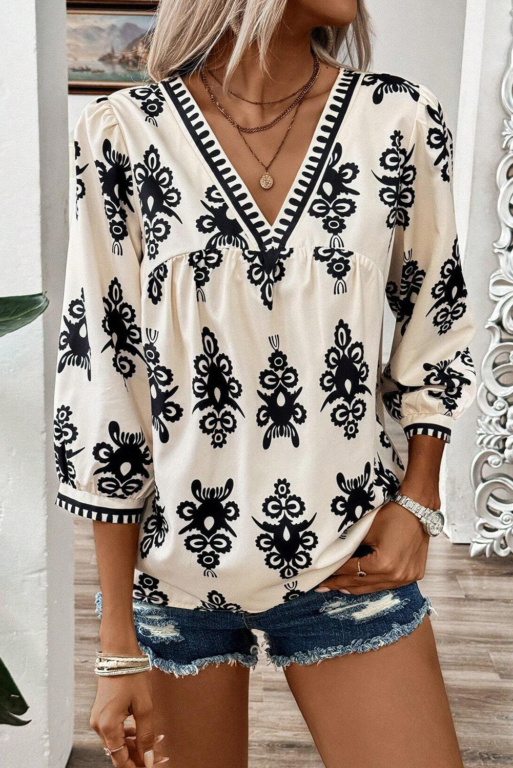 Vintage Charm Beige V-Neck Blouse