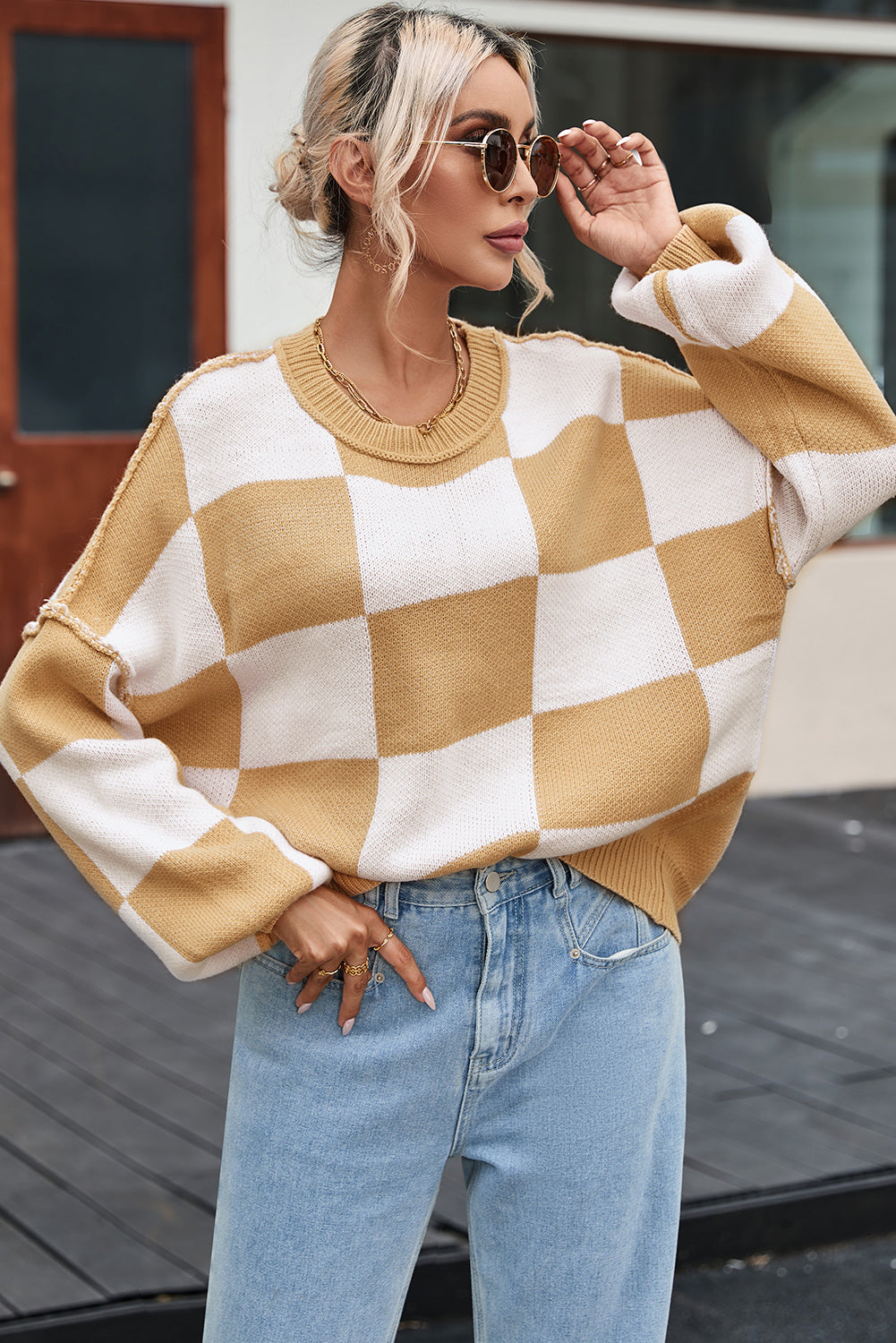 Cozy Khaki Checkered Bishop Sleeve Sweater