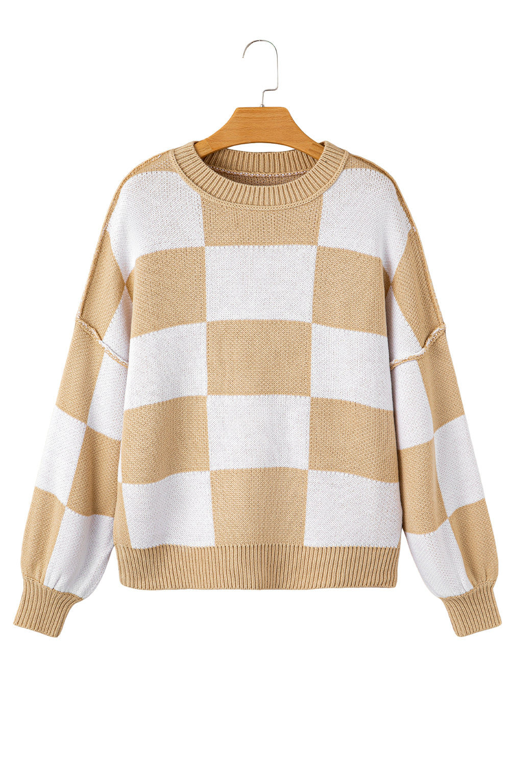 Cozy Khaki Checkered Bishop Sleeve Sweater