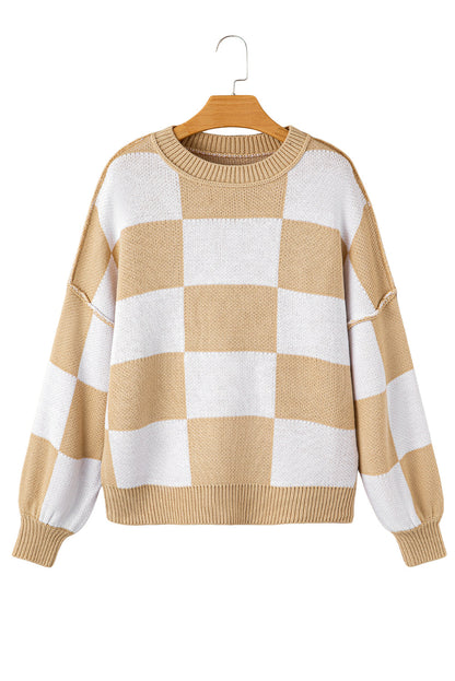 Cozy Khaki Checkered Bishop Sleeve Sweater